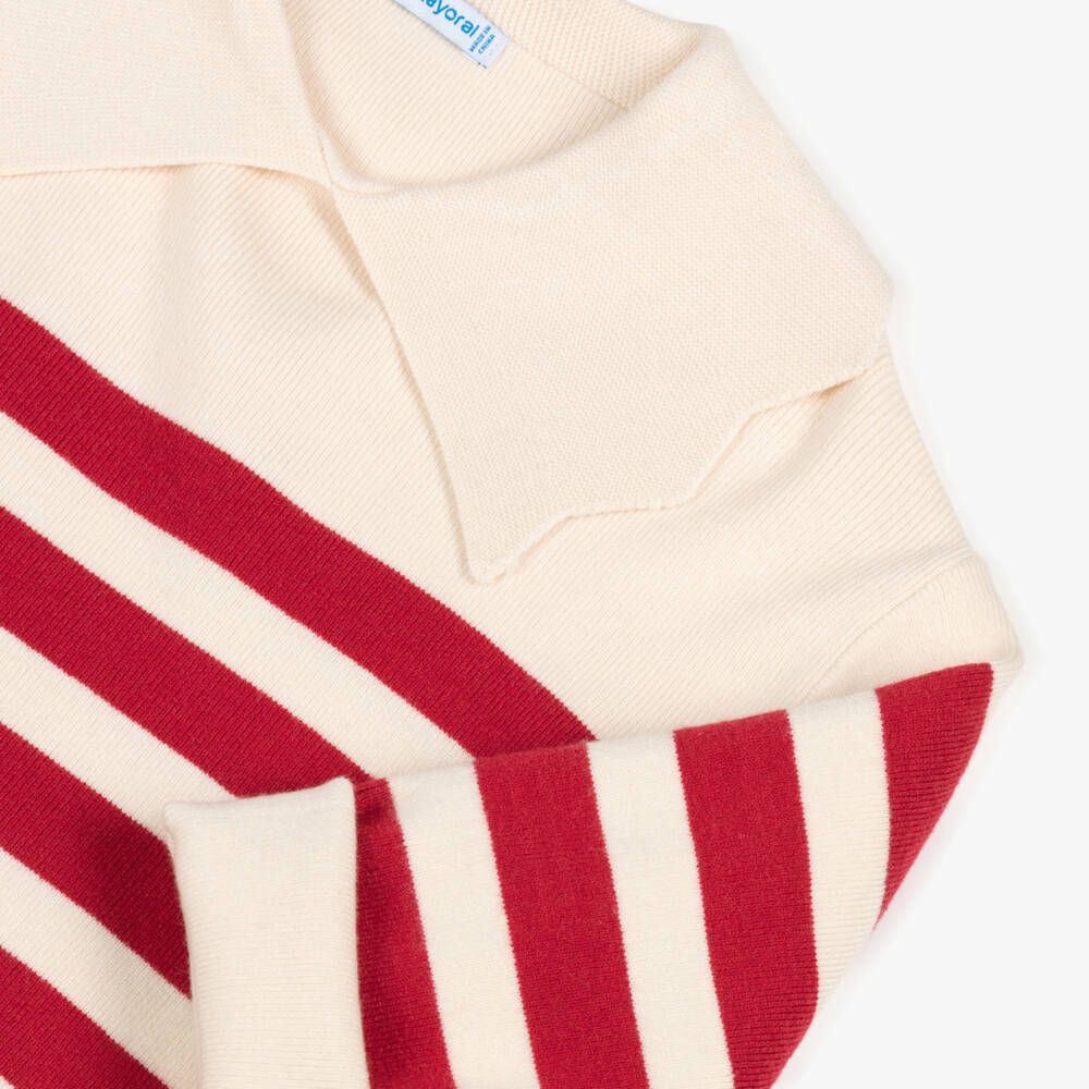 Mayoral-Свитер в кремово-красную полоску с воротником для девочек | Childrensalon