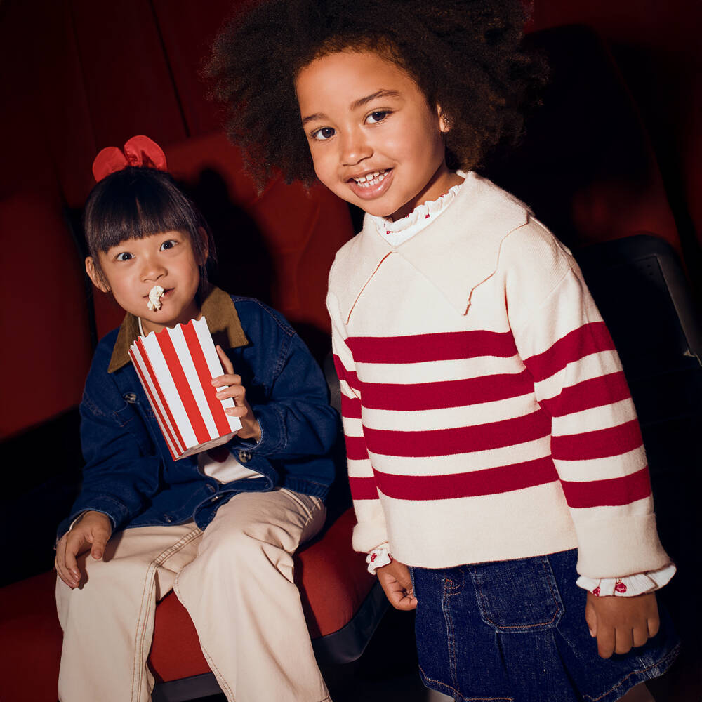 Mayoral-Свитер в кремово-красную полоску с воротником для девочек | Childrensalon