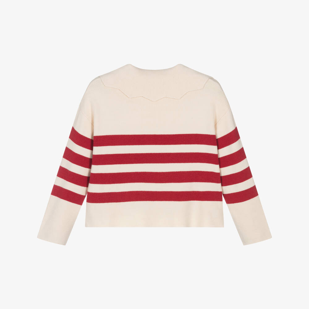 Mayoral-Свитер в кремово-красную полоску с воротником для девочек | Childrensalon