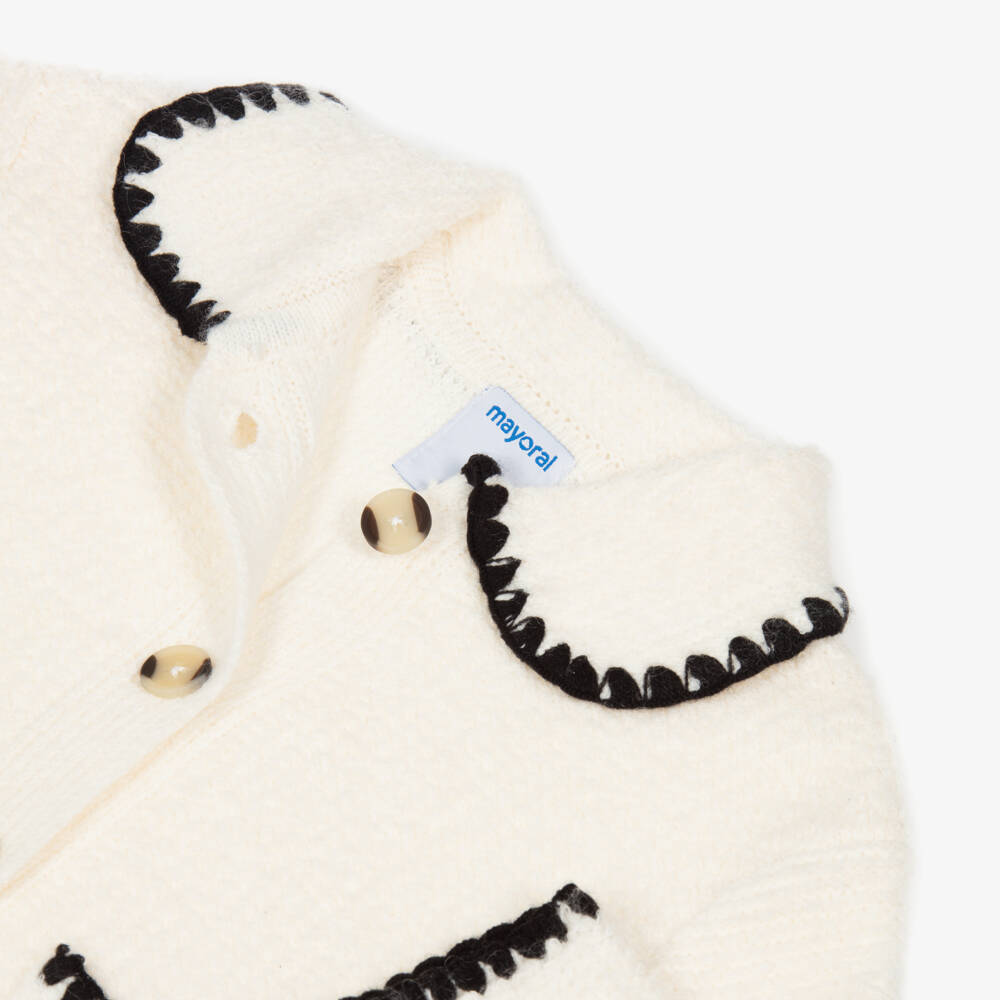 Mayoral-كارديغان بياقة دائرية وتفاصيل خياطة سوداء لون عاجي للبنات | Childrensalon