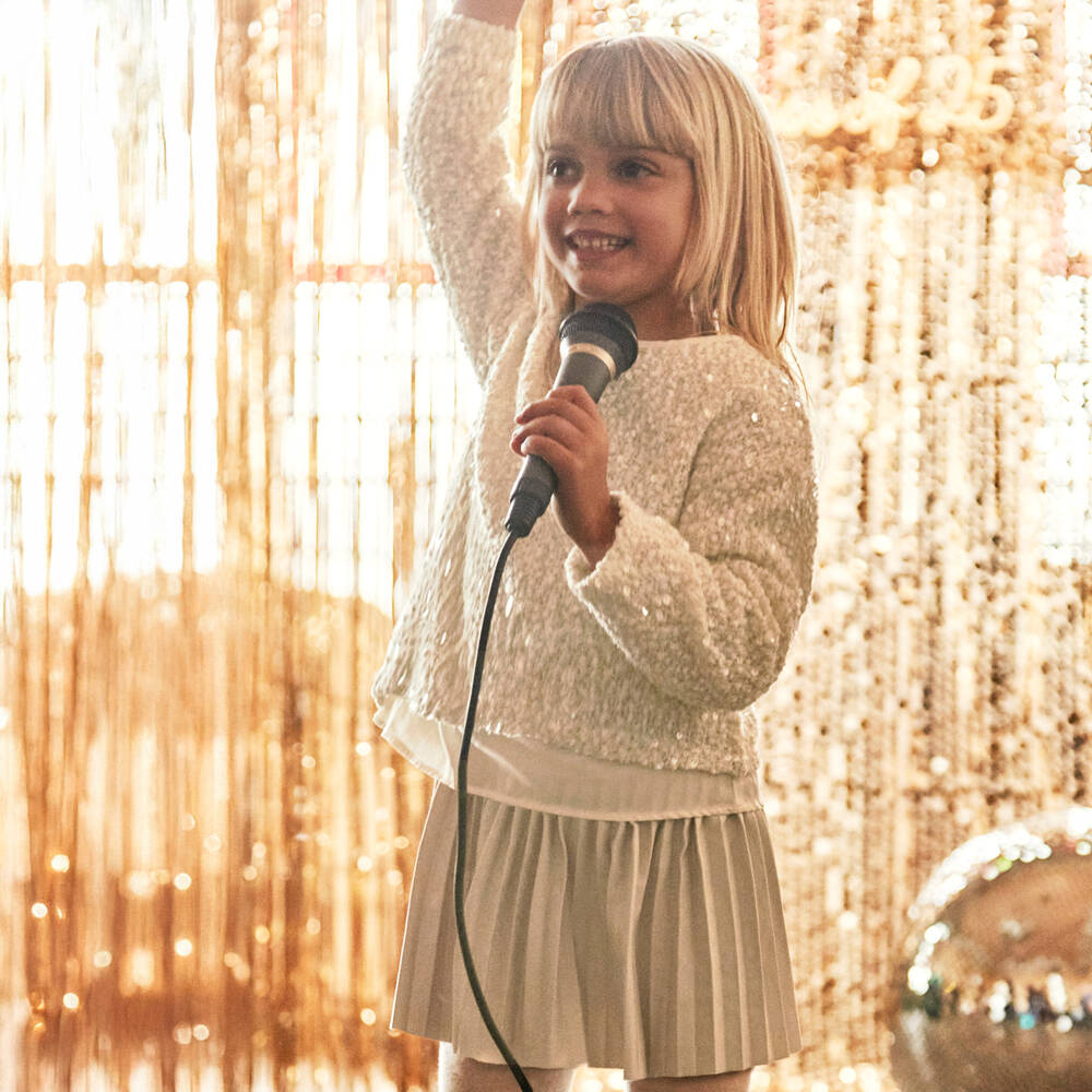 Mayoral-Girls Ivory Sequin & Beige Pleated Dress Set | Childrensalon
