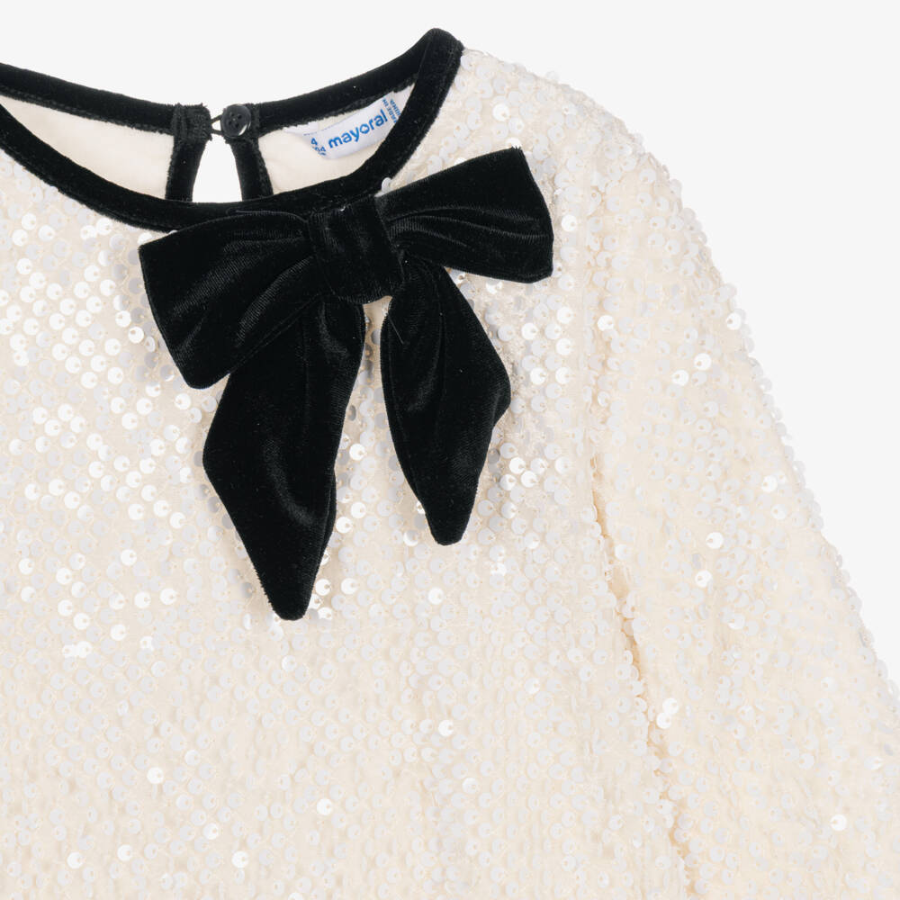 Mayoral-Girls Ivory Sequin Dress with Black Velvet Bow | Childrensalon