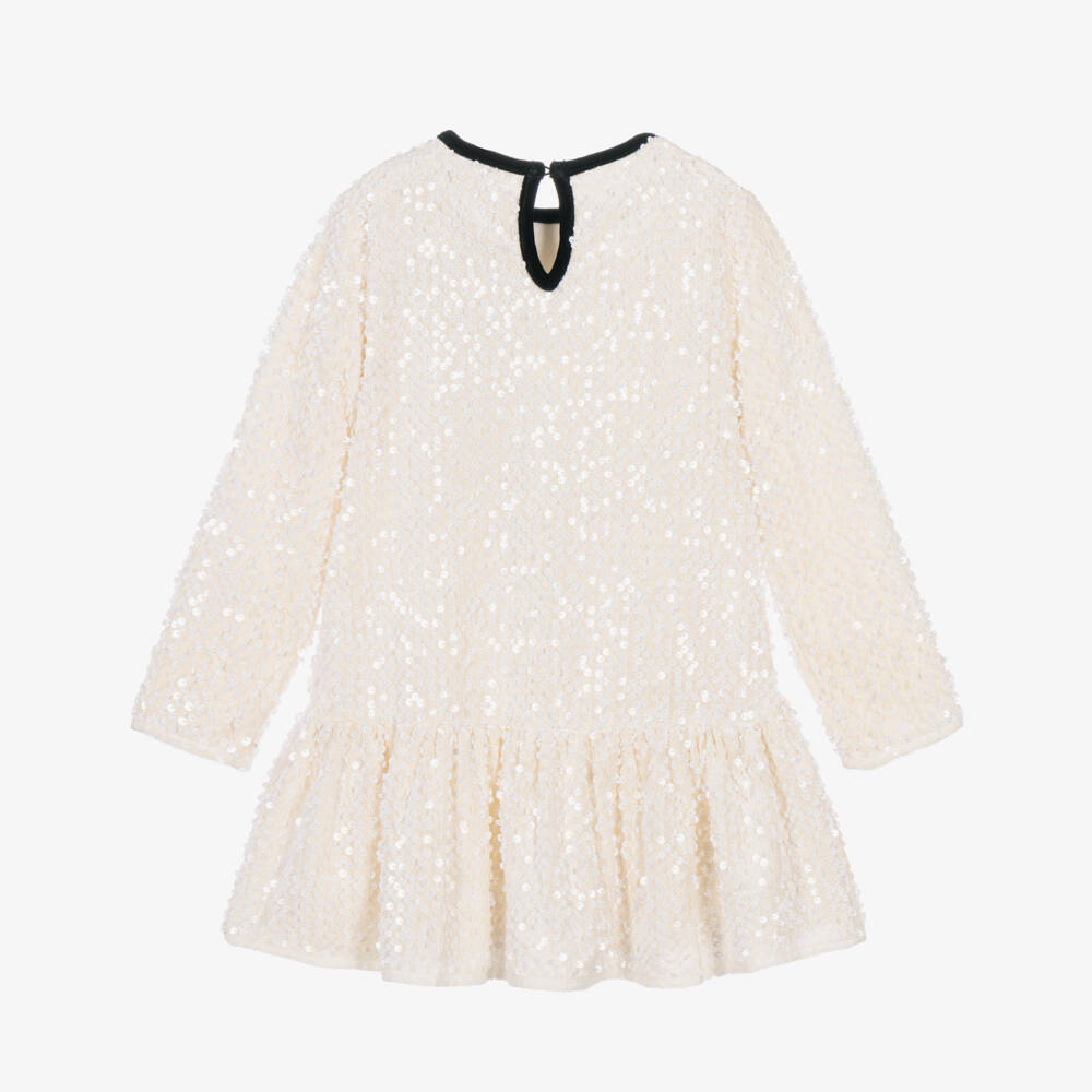 Mayoral-Girls Ivory Sequin Dress with Black Velvet Bow | Childrensalon