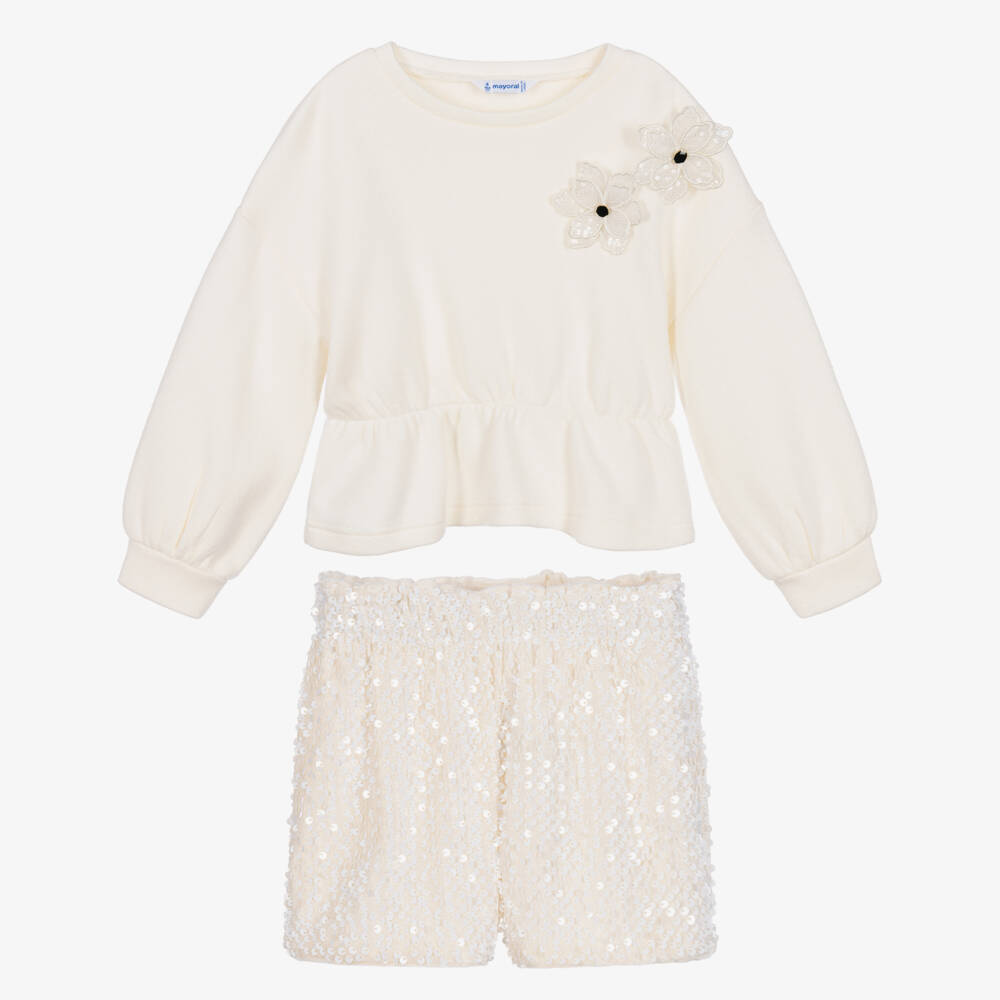 Mayoral-Girls Ivory Sequinned Jersey Shorts Set | Childrensalon
