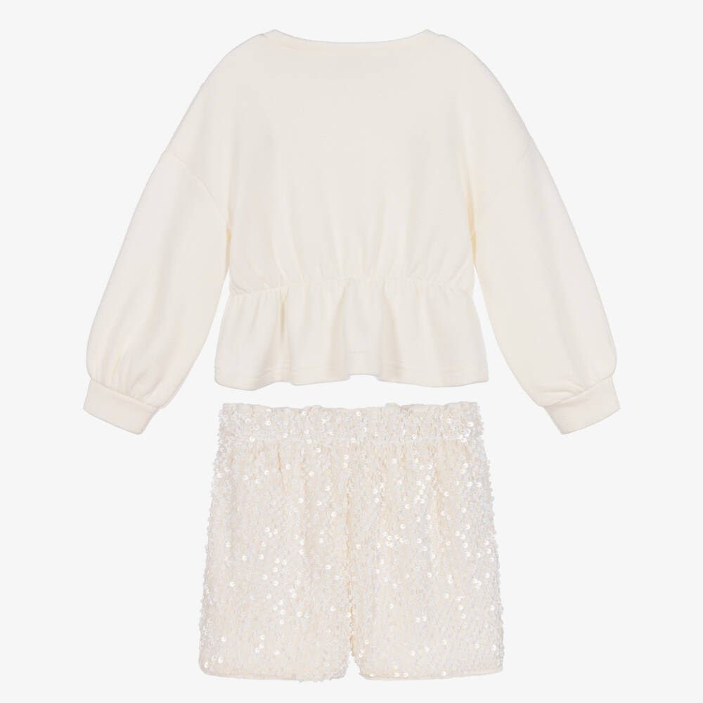 Mayoral-Girls Ivory Sequinned Jersey Shorts Set | Childrensalon