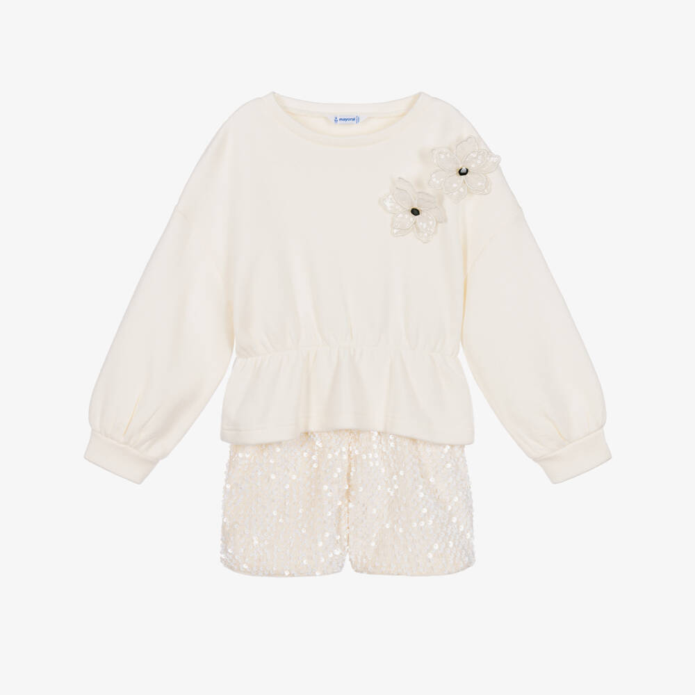 Mayoral-Girls Ivory Sequinned Jersey Shorts Set | Childrensalon