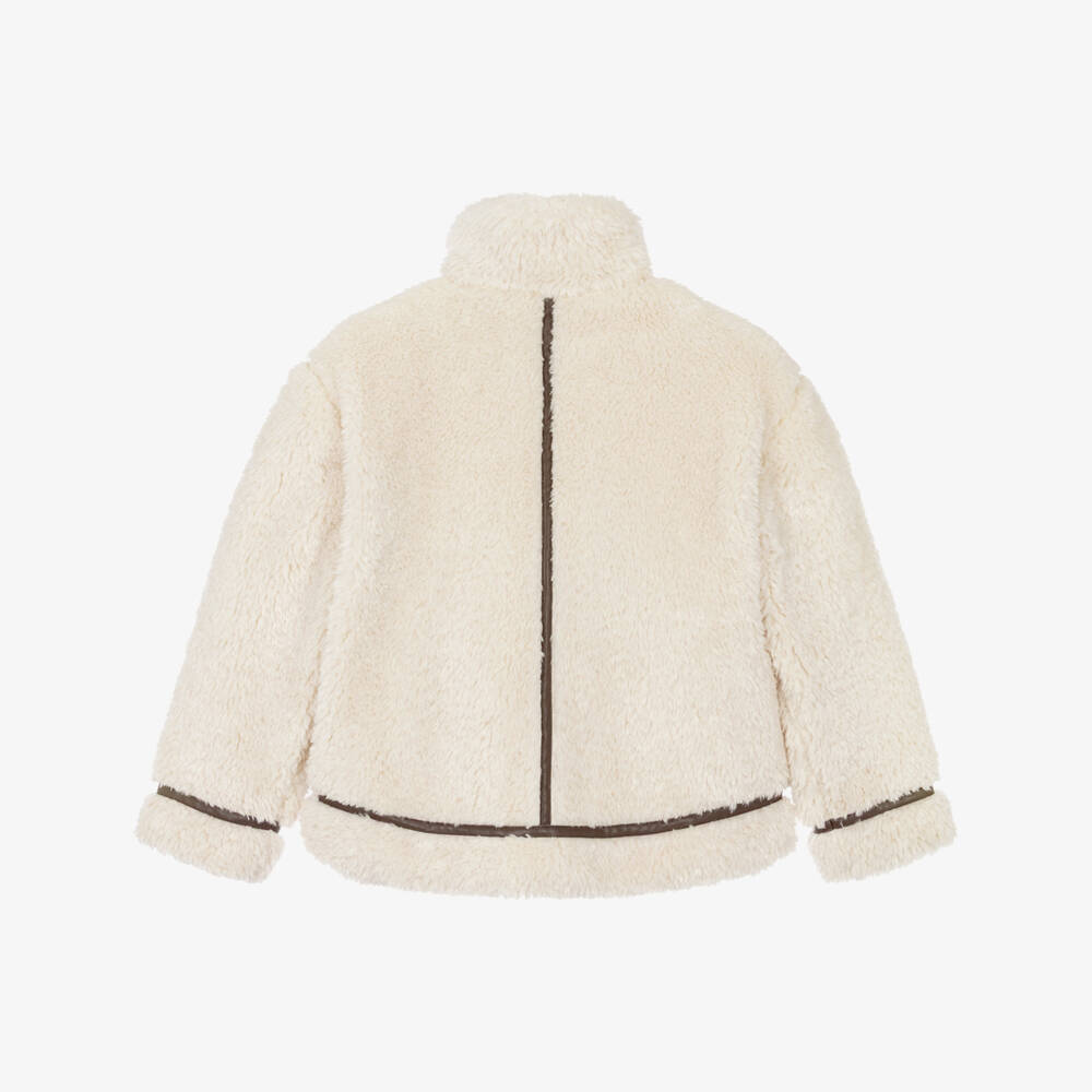 Mayoral-Girls Ivory Sherpa Fleece Jacket with Faux Leather Trims | Childrensalon