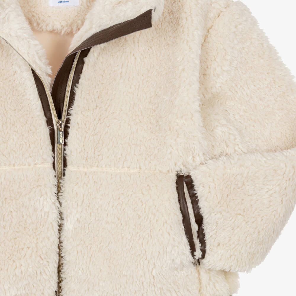 Mayoral-Girls Ivory Sherpa Fleece Jacket with Faux Leather Trims | Childrensalon