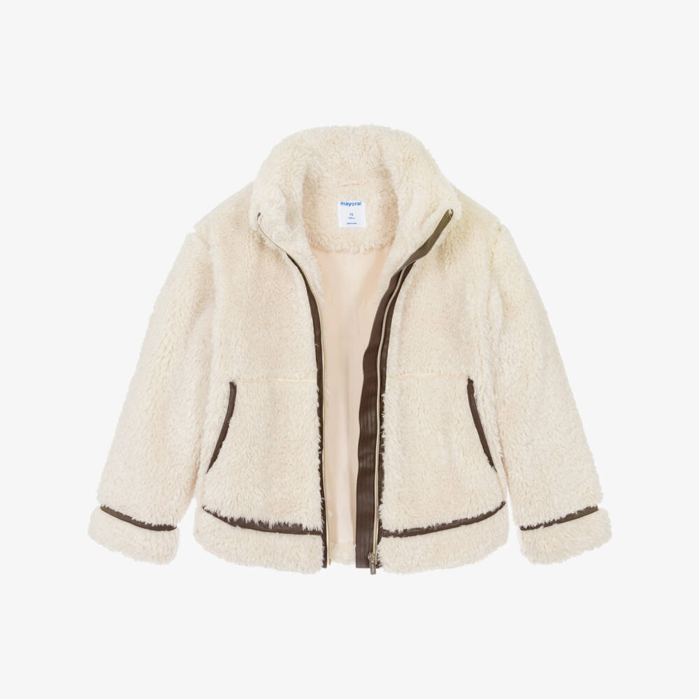 Mayoral-Girls Ivory Sherpa Fleece Jacket with Faux Leather Trims | Childrensalon