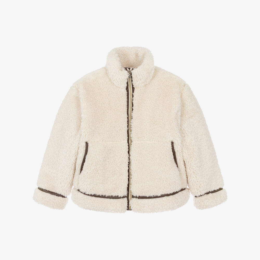 Mayoral-Girls Ivory Sherpa Fleece Jacket with Faux Leather Trims | Childrensalon