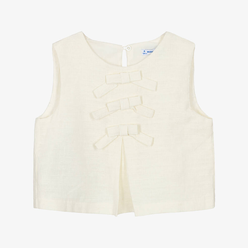 Mayoral-Кремовая блузка без рукавов с бантами для девочек | Childrensalon