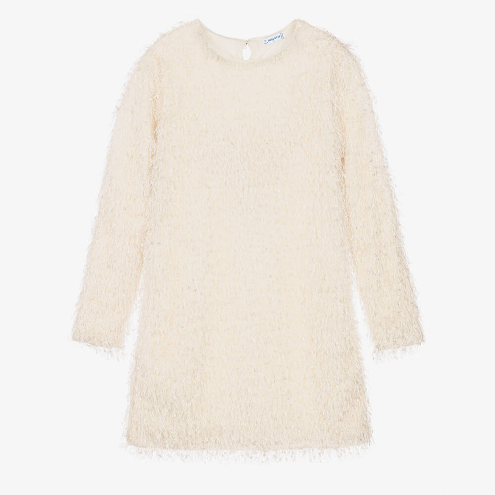 Mayoral-Girls Ivory Stretchy Fringed Dress | Childrensalon