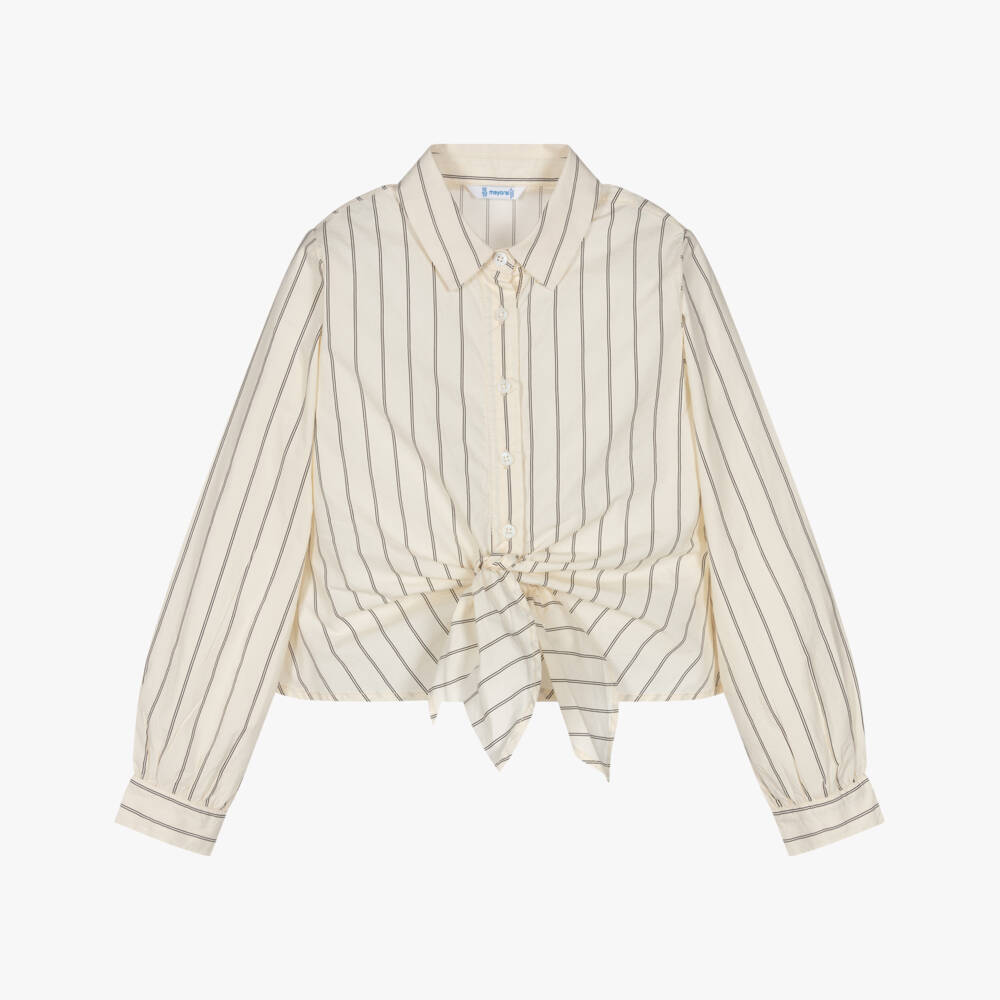 Mayoral-Girls Ivory Striped Cotton Shirt | Childrensalon