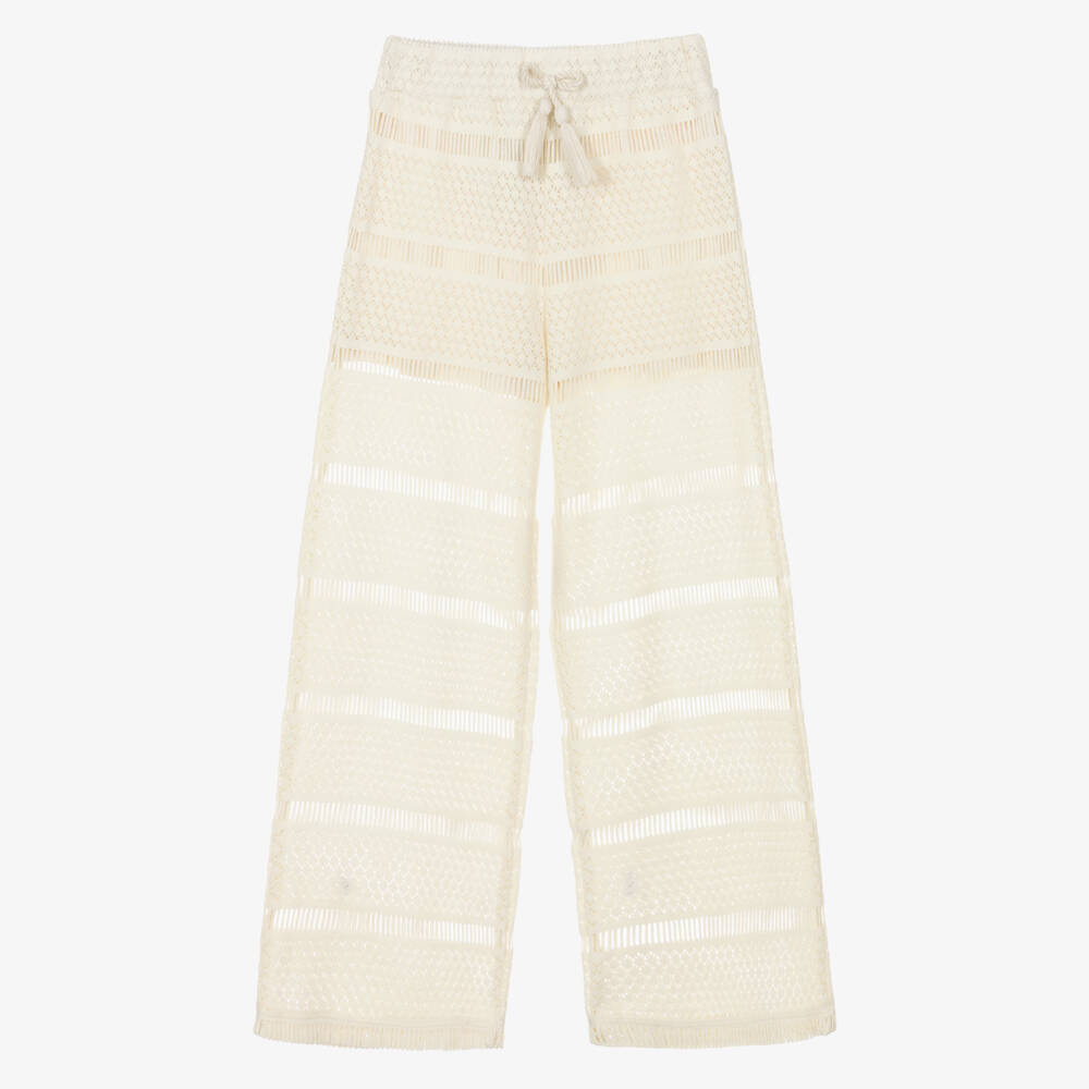Mayoral-Girls Ivory Striped Crochet Trousers | Childrensalon