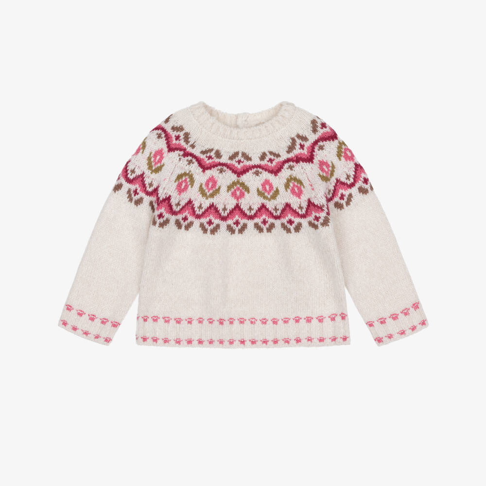 Mayoral-Girls Ivory Sweater with Pink Fair Isle Knit | Childrensalon