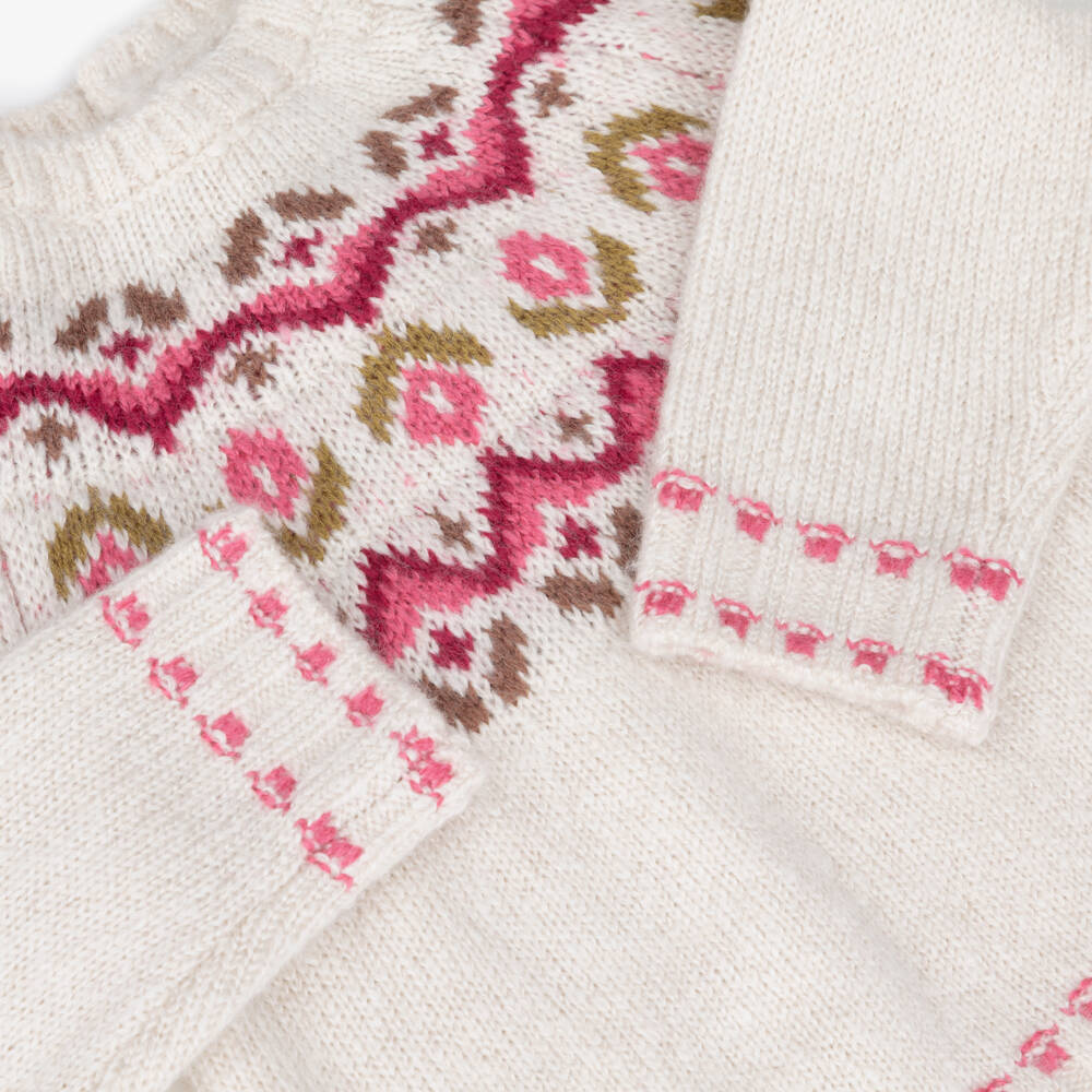 Mayoral-Girls Ivory Sweater with Pink Fair Isle Knit | Childrensalon