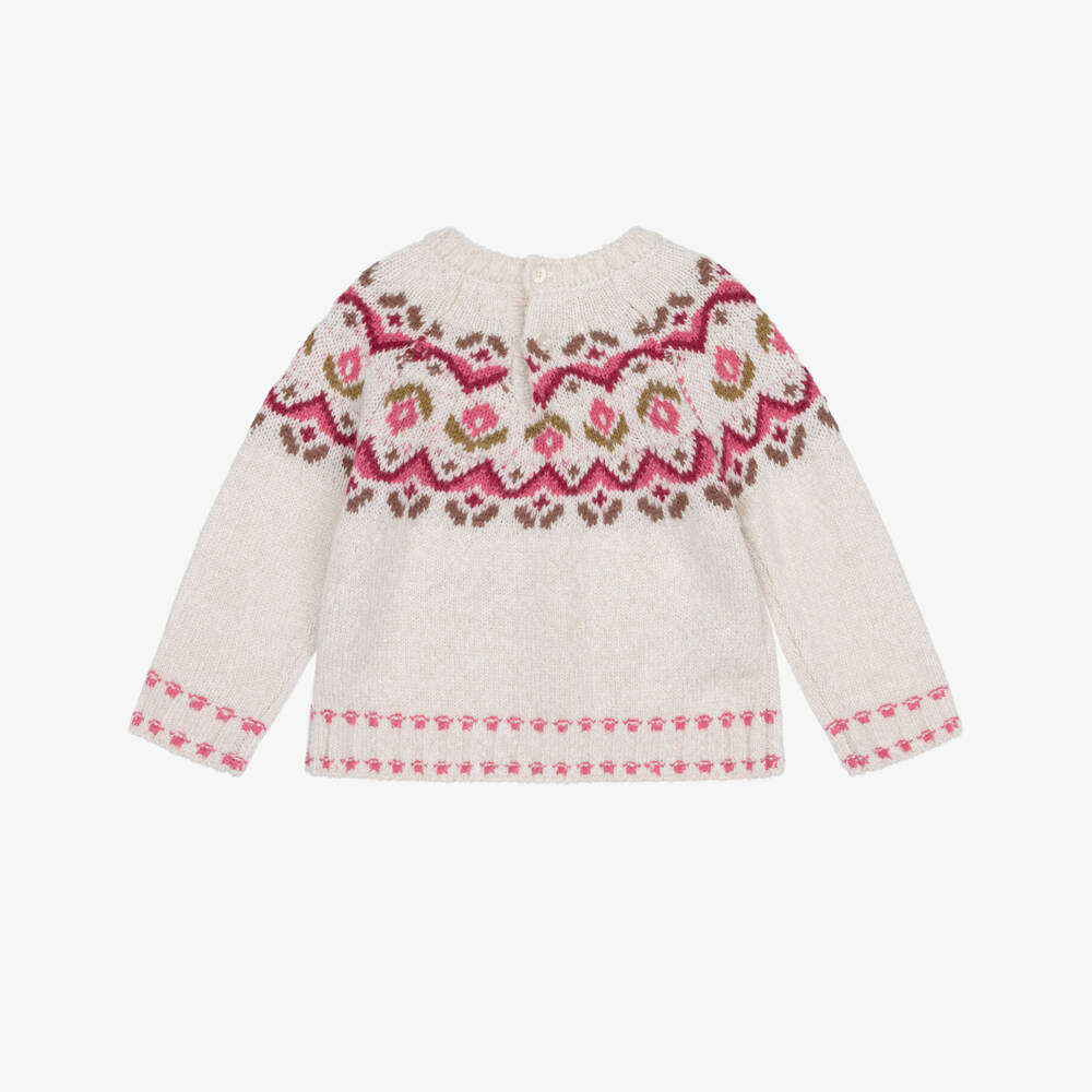 Mayoral-Girls Ivory Sweater with Pink Fair Isle Knit | Childrensalon
