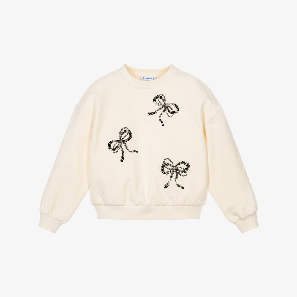 Mayoral-Girls Ivory Sweatshirt with Sequinned Bows | Childrensalon