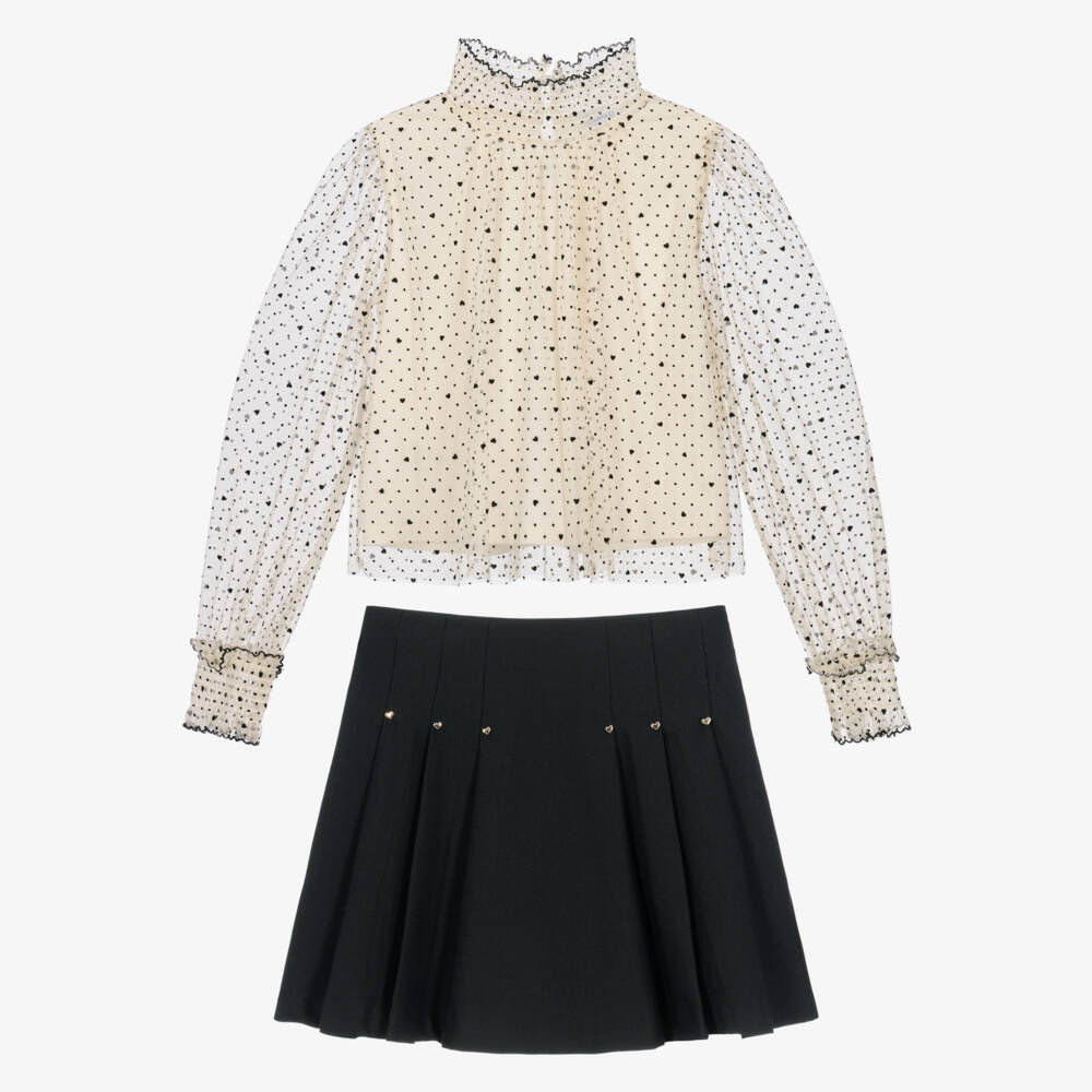 Mayoral-Girls Ivory Tulle Blouse & Black Pleated Skirt Set | Childrensalon