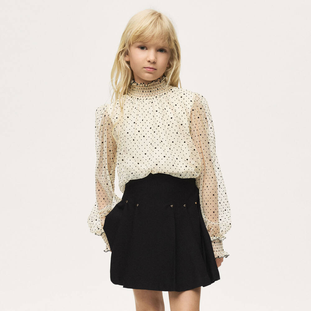 Mayoral-Girls Ivory Tulle Blouse & Black Pleated Skirt Set | Childrensalon