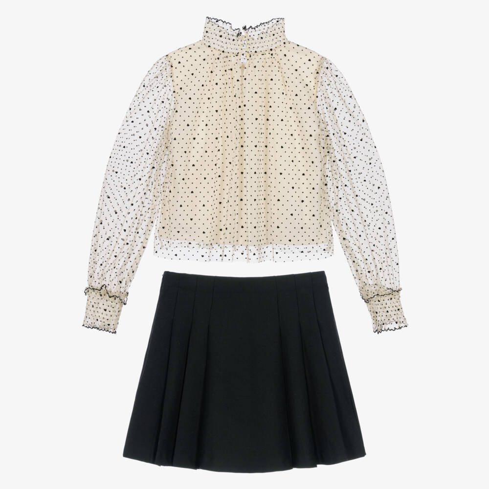 Mayoral-Girls Ivory Tulle Blouse & Black Pleated Skirt Set | Childrensalon