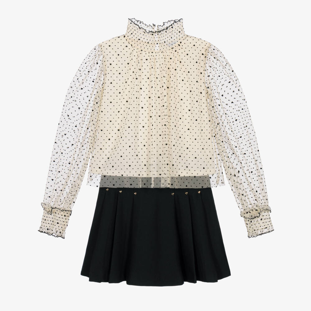 Mayoral-Girls Ivory Tulle Blouse & Black Pleated Skirt Set | Childrensalon