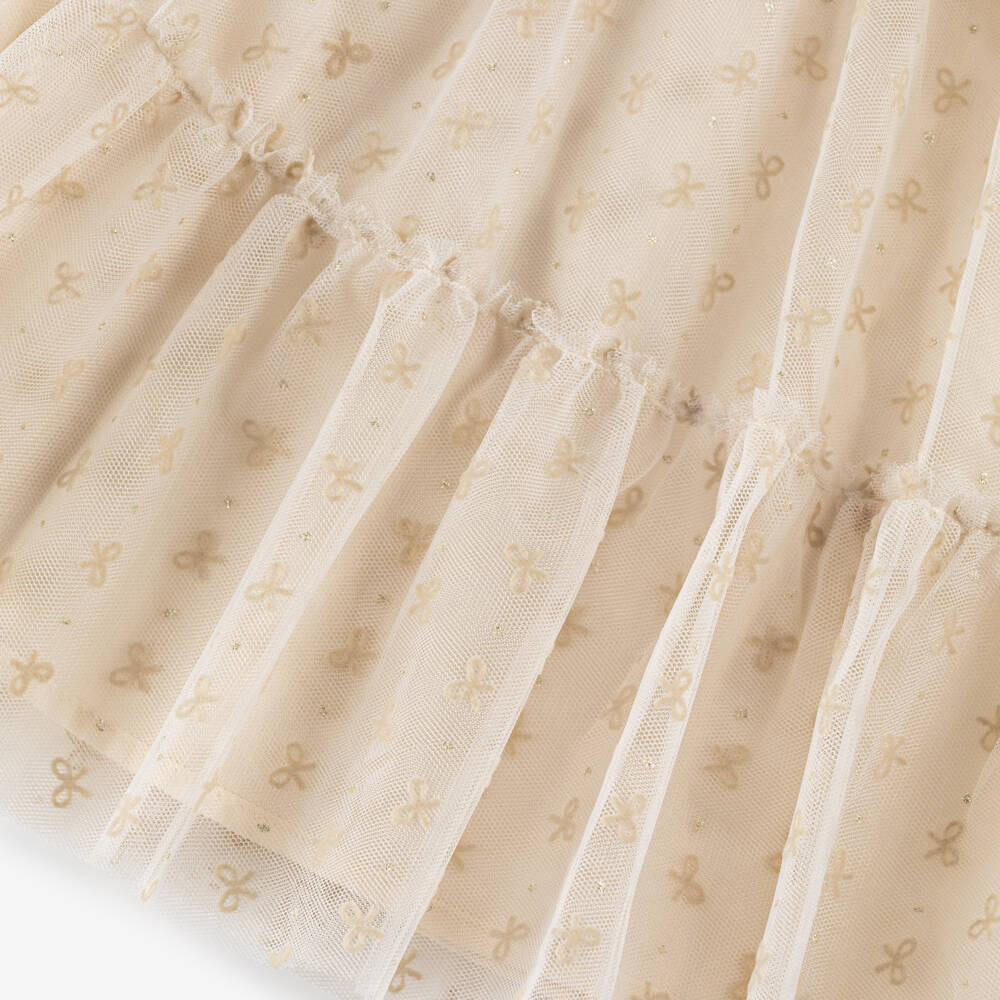 Mayoral-Girls Ivory Tulle Dress with Flocked Bow Pattern | Childrensalon