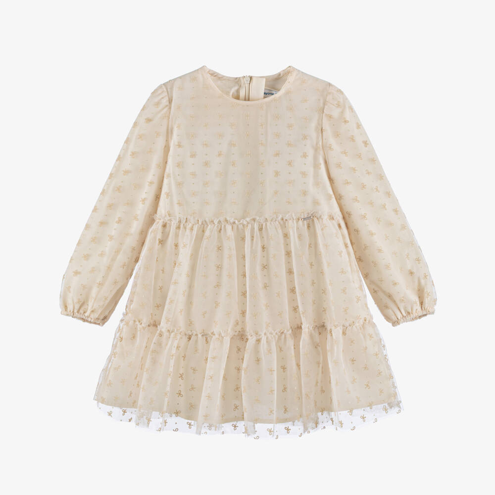 Mayoral-Girls Ivory Tulle Dress with Flocked Bow Pattern | Childrensalon