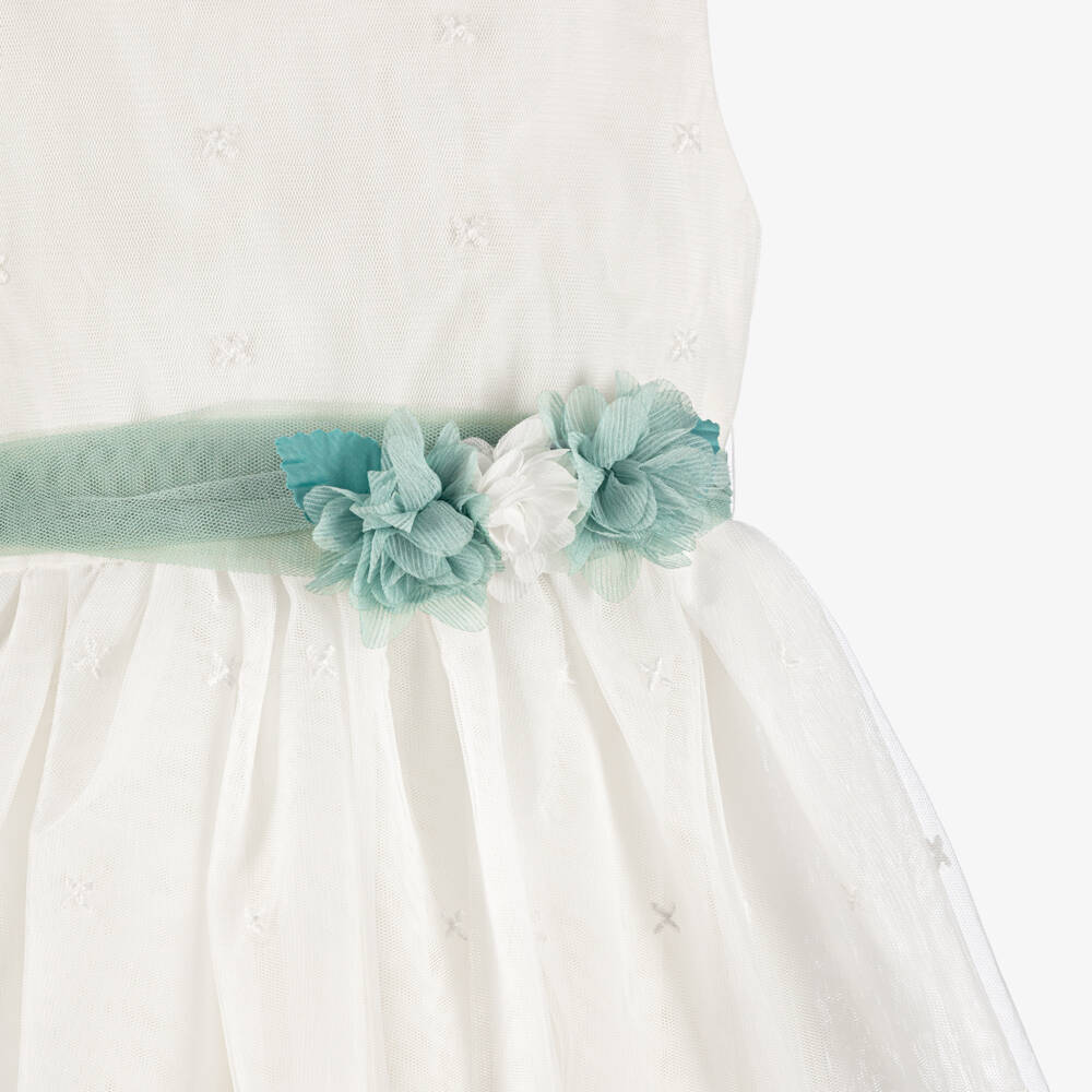 Mayoral-Платье кремовое из тюля с зелёным цветочным поясом для девочек | Childrensalon
