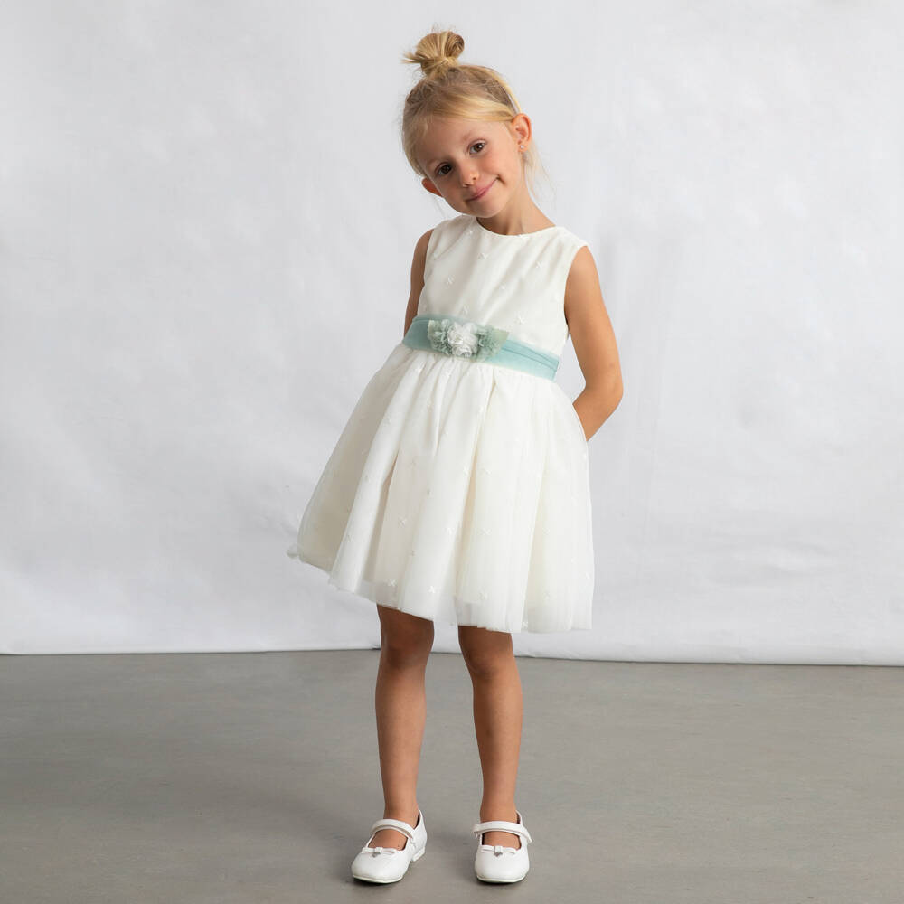 Mayoral-Girls Ivory Tulle Dress with Green Floral Sash Belt | Childrensalon