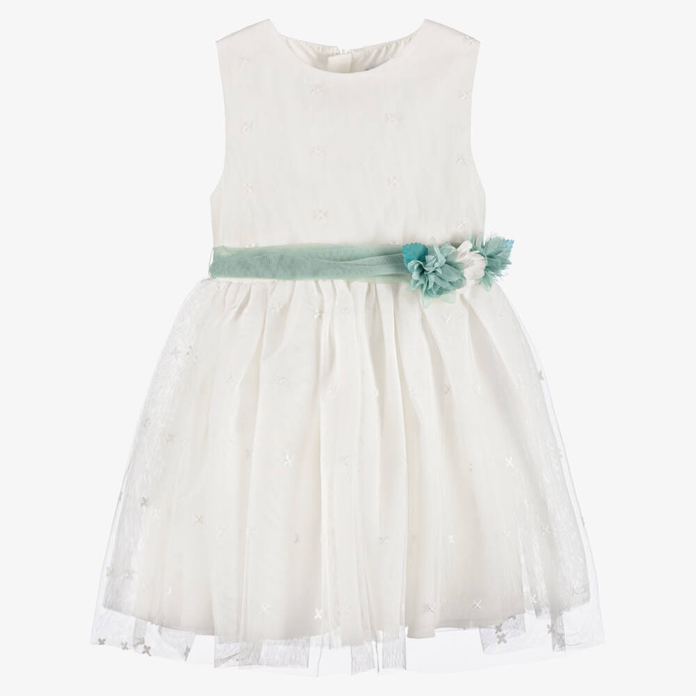 Mayoral-Girls Ivory Tulle Dress with Green Floral Sash Belt | Childrensalon