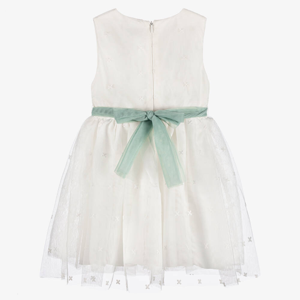 Mayoral-Платье кремовое из тюля с зелёным цветочным поясом для девочек | Childrensalon