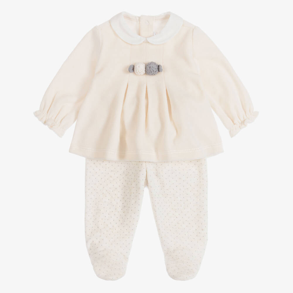 Mayoral Для новорожденных-Girls Ivory Velour 2-Piece Babygrow | Childrensalon