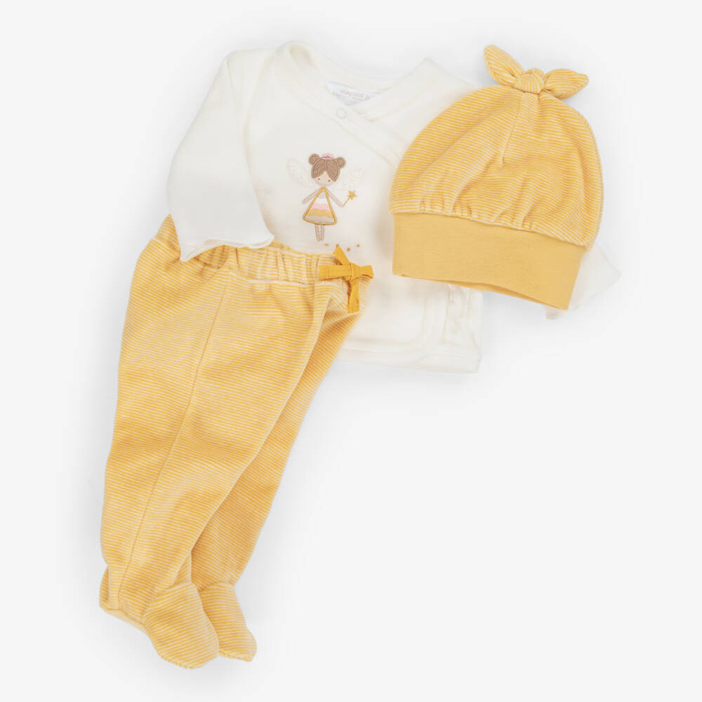 Mayoral Newborn-Girls Ivory & Yellow Velour 2 Piece Babygrow Set | Childrensalon