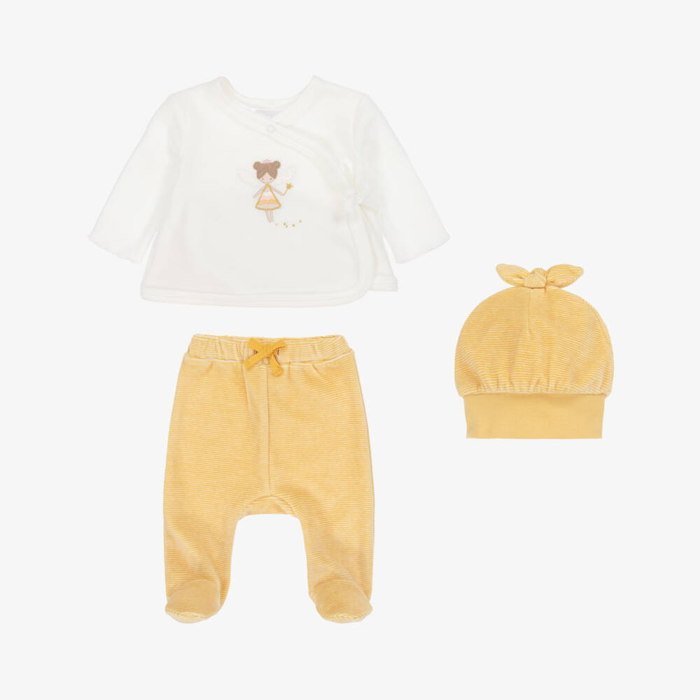 Mayoral Newborn-Girls Ivory & Yellow Velour 2 Piece Babygrow Set | Childrensalon