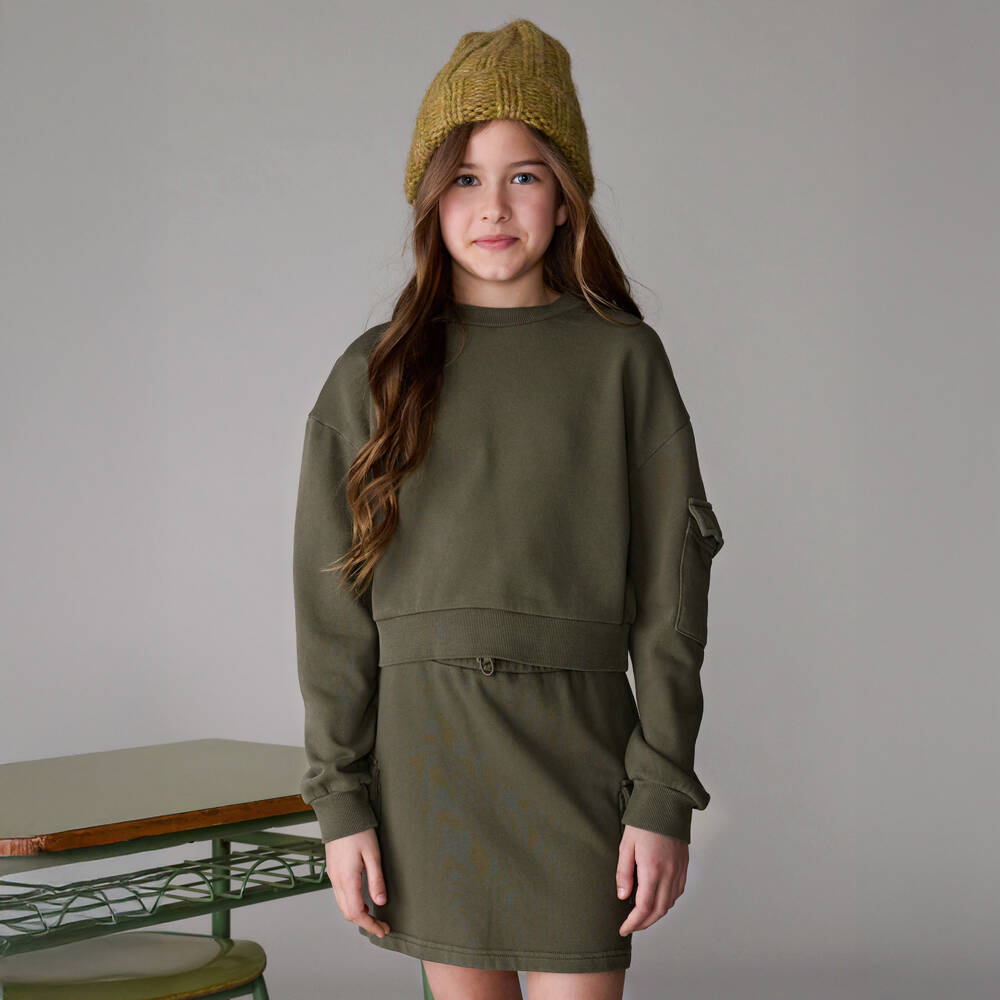 Mayoral-Girls Khaki Green Cotton Jersey Cargo Skirt Set | Childrensalon