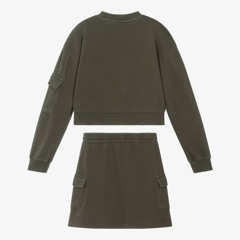 Mayoral-Girls Khaki Green Cotton Jersey Cargo Skirt Set | Childrensalon
