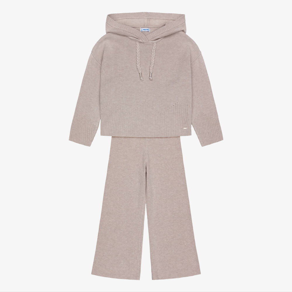 Mayoral-Girls Knitted Beige Hooded Trouser Set | Childrensalon