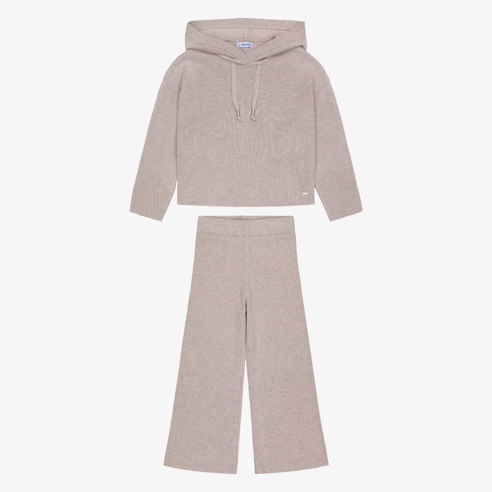 Mayoral-Girls Knitted Beige Hooded Trouser Set | Childrensalon