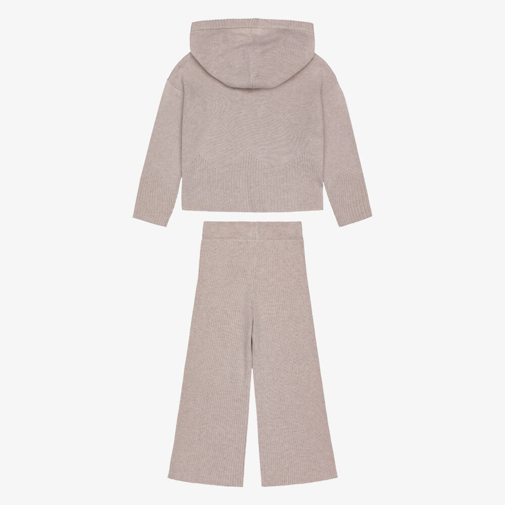 Mayoral-Girls Knitted Beige Hooded Trouser Set | Childrensalon