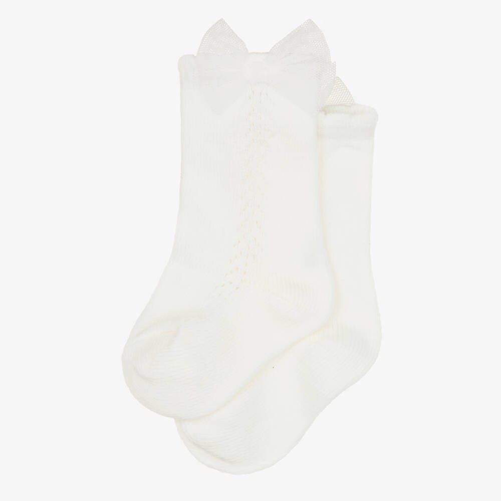 Mayoral-Girls Knitted Ivory Socks with Tulle Bows | Childrensalon