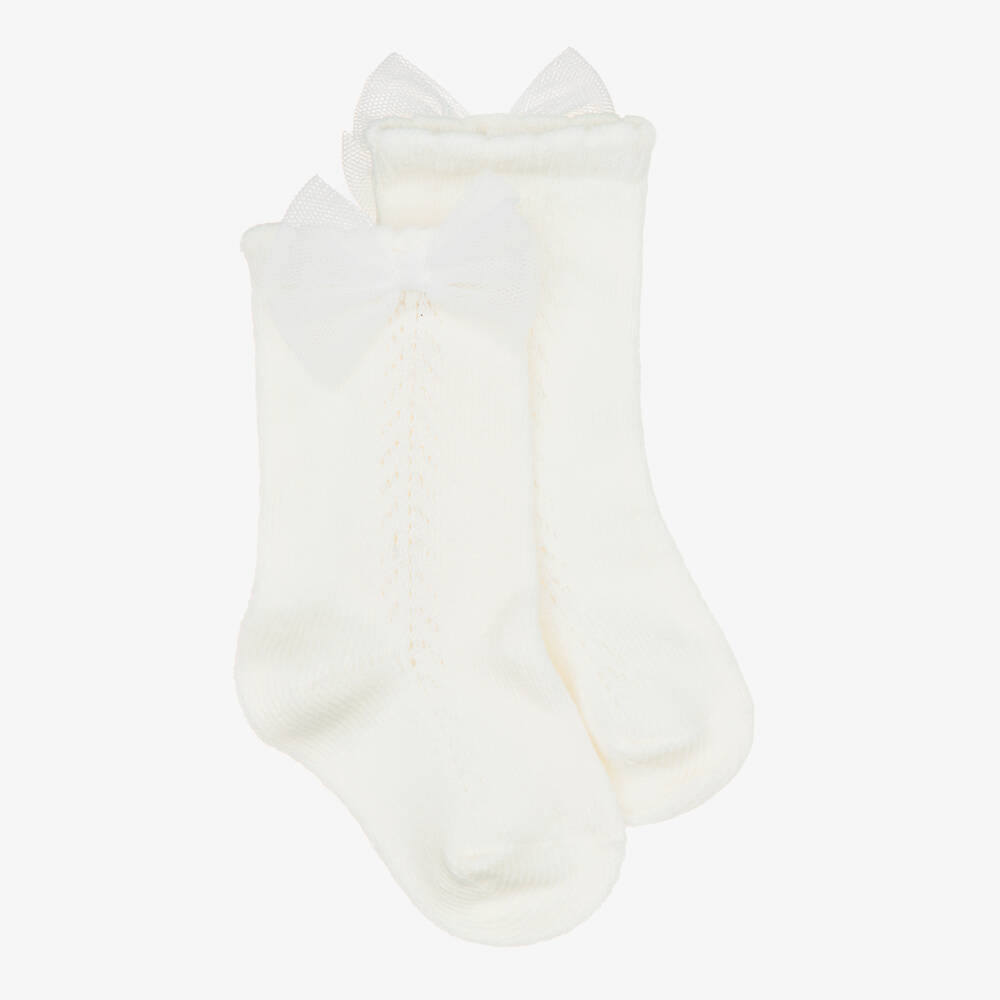 Mayoral-Girls Knitted Ivory Socks with Tulle Bows | Childrensalon