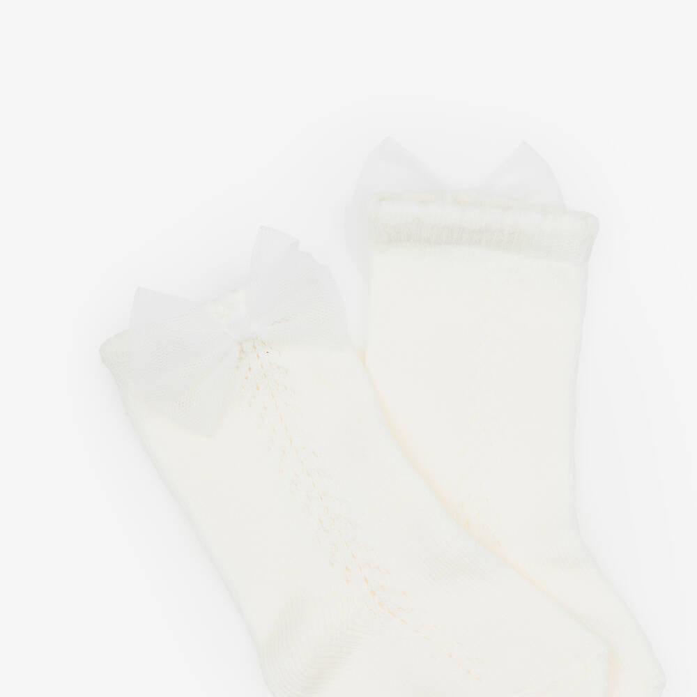 Mayoral-Girls Knitted Ivory Socks with Tulle Bows | Childrensalon