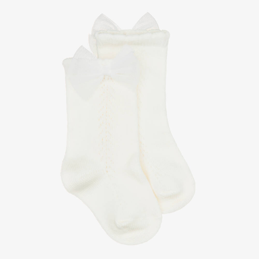 Mayoral-Girls Knitted Ivory Socks with Tulle Bows | Childrensalon