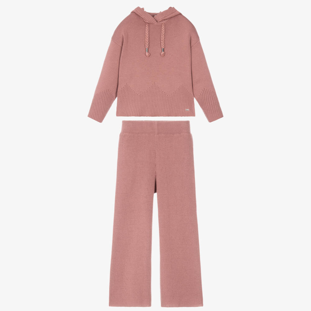Mayoral-Girls Knitted Trouser Set in Terracotta Pink | Childrensalon