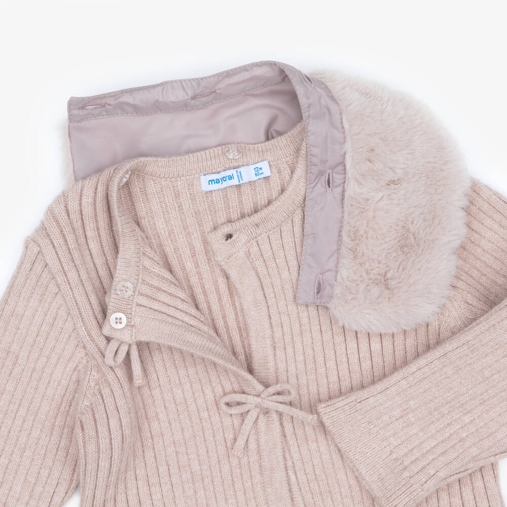 Mayoral-Girls Lavender Beige Cardigan with Detachable Collar | Childrensalon