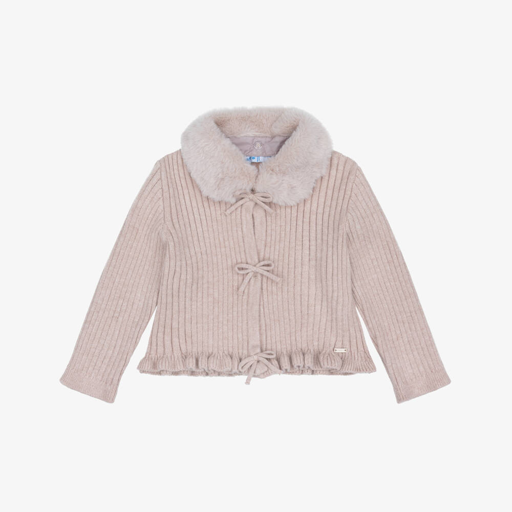 Mayoral-Girls Lavender Beige Cardigan with Detachable Collar | Childrensalon