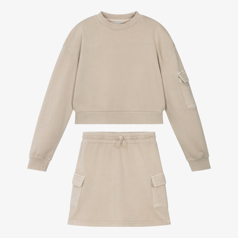 Mayoral-Girls Light Beige Cotton Jersey Cargo Skirt Set | Childrensalon