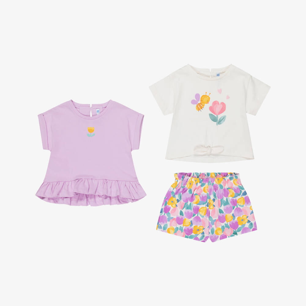 Mayoral-Girls Lilac Cotton Floral Shorts Set | Childrensalon