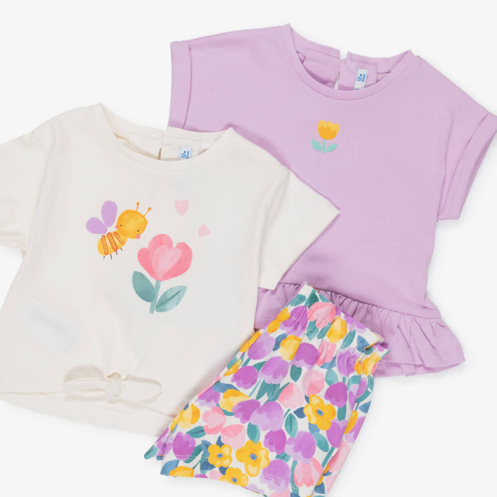 Mayoral-Girls Lilac Cotton Floral Shorts Set | Childrensalon